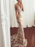 Mermaid V Neck Backless Lace Tulle Prom Dresses LBQ3783